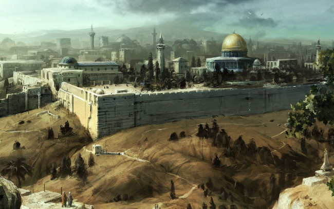 Обои картинки фото рисованные, иерусалим, стена, крепостная, мечеть