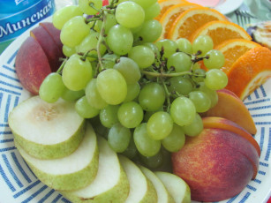 Картинка еда фрукты ягоды персик апельсин груша виноград нектарин
