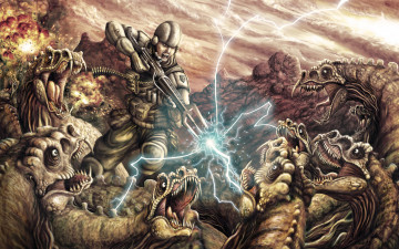 Картинка фэнтези существа чудовища солдат динозавры