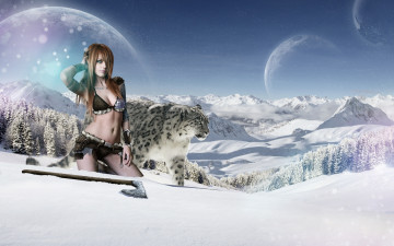 Картинка разное компьютерный дизайн снег зима пейзаж горы топор планеты ирбис девушка снежный барс