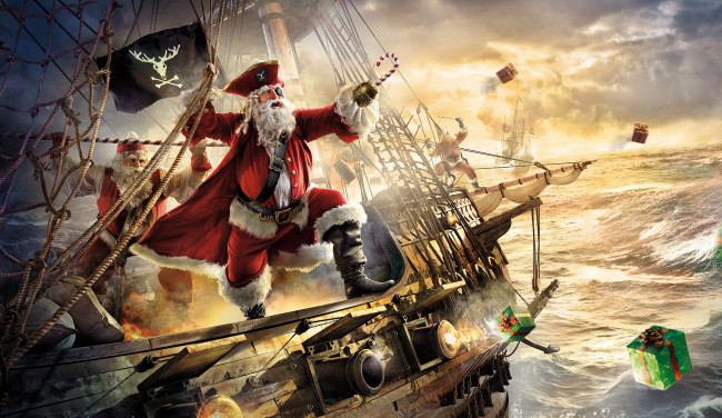 Обои картинки фото праздничные, дед, мороз, santa, claus, пираты, санта-клаус, фрегат