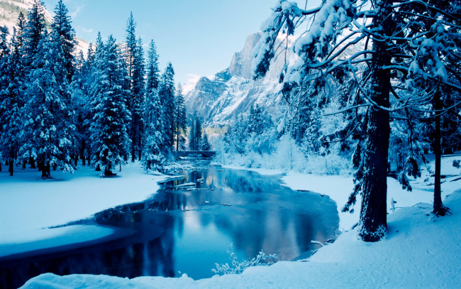 Обои картинки фото blue, winter, природа, зима, лес, мост, снег, река