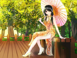 Картинка аниме date+a+live девушка взгляд фон зонтик парк скамейка