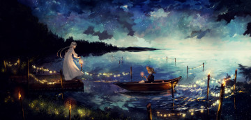 Картинка аниме unknown +другое облака небо лодка ночь девочки арт canarinu