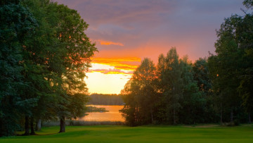 Картинка природа восходы закаты деревья луг озеро рассвет лес трава