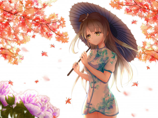 Обои картинки фото аниме, unknown,  другое, листья, осень, девушка, взгляд, фон, зонтик, клен