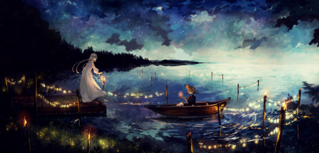 Обои картинки фото аниме, unknown,  другое, облака, небо, лодка, ночь, девочки, арт, canarinu
