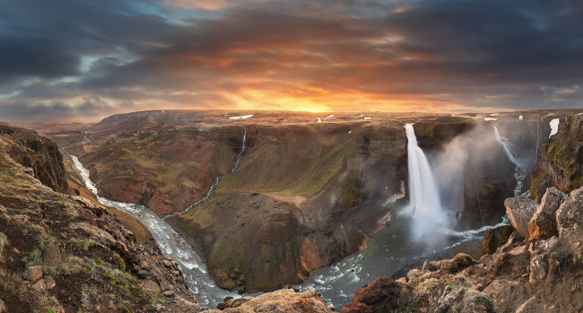 Обои картинки фото природа, водопады, пейзаж, закат, река, горы