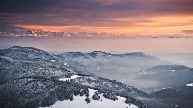Обои картинки фото природа, зима, горы, утро, туман
