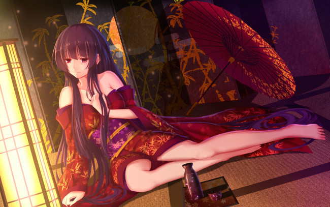 Обои картинки фото аниме, unknown,  другое, алкоголь, девушка, кимоно, лампа, свет, зонтик, взгляд, фон