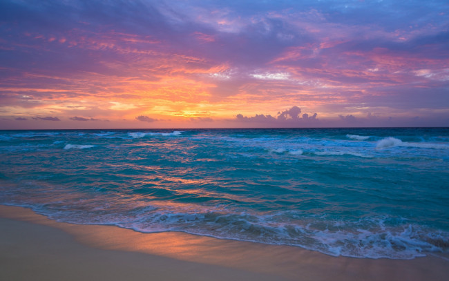 Обои картинки фото природа, моря, океаны, sand, waves, sea, sunset, ocean