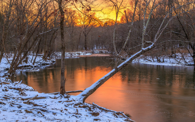 Обои картинки фото природа, реки, озера, река, лес, зима, закат