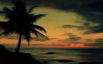 обоя рисованное, природа, небо, облака, штрихи, пальма, тропики, вечер, закат, море