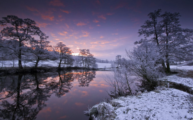 Обои картинки фото природа, реки, озера, деревья, река, снег, закат