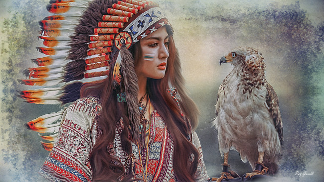 Обои картинки фото рисованное, люди, перья, живопись, птица, девушка, индеец