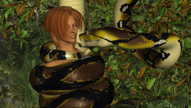 Обои картинки фото 3д графика, фантазия , fantasy, девушка, фон, взгляд, змея