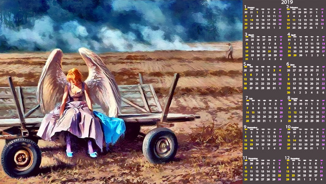 Обои картинки фото календари, фэнтези, девушка, крылья, телега, поле