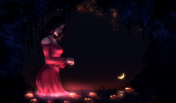 Картинка рисованное люди девушка платье ночь месяц озеро рыбки