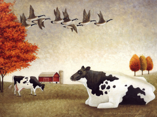 Обои картинки фото рисованные, животные, корова, гусь