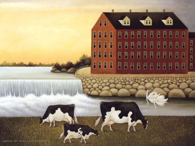Обои картинки фото рисованные, животные, корова, лебедь