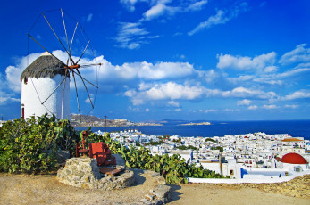Картинка города санторини греция море мельница greece