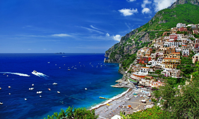 Обои картинки фото позитано, италия, города, амальфийское, лигурийское, побережье, море, скалы, бухта, пейзаж, панорама