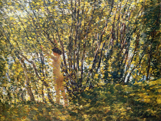 Обои картинки фото nude in the sunlilt wood, рисованное, frederick childe hassam, река, берег, деревья, лес, девушка