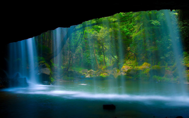 Обои картинки фото природа, водопады, скала, лес, река, водопад