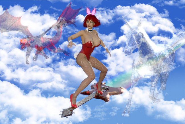 Обои картинки фото 3д графика, фантазия , fantasy, взгляд, девушка, драконы, облака, гитара, полет, фон