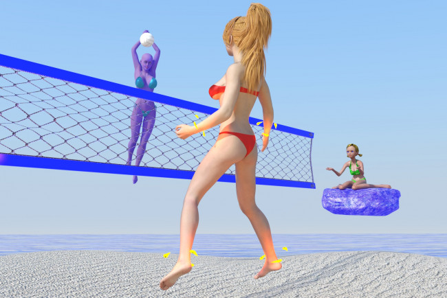 Обои картинки фото 3д графика, люди , people, мяч, игра, сетка, пляж, фон, взгляд, девушка