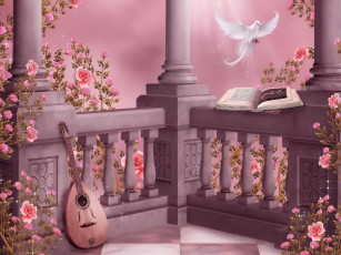 Картинка рисованное животные garlands колонны книга columns лютня розы pigeon flowers цветы dove музыка rose garden розовый сад гирлянды lute book music roses голубь