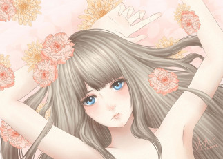 Картинка аниме unknown +другое голубые глаза девушка лицо руки цветы