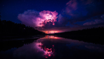 Картинка природа молния +гроза река ночь молнии тучи гроза