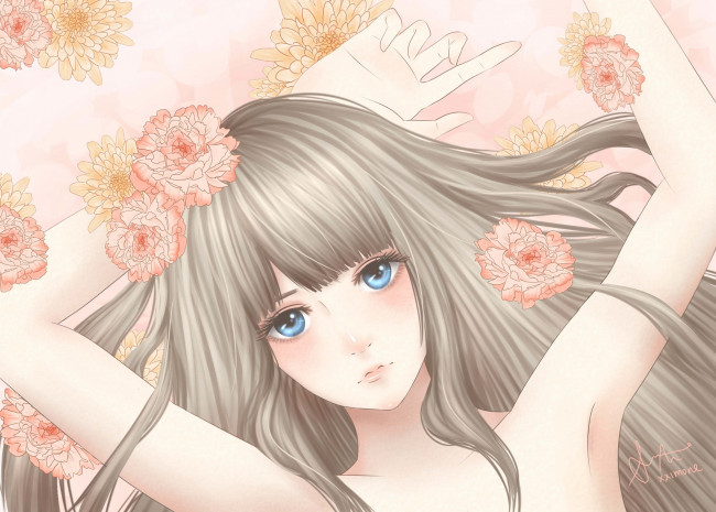 Обои картинки фото аниме, unknown,  другое, голубые, глаза, девушка, лицо, руки, цветы