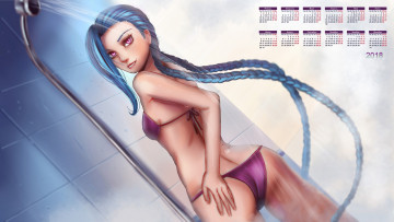 обоя календари, аниме, девушка, душ, взгляд, коса, улыбка