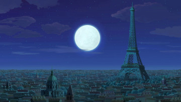 Картинка рисованное города башня луна париж франция ночь