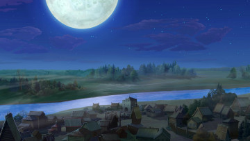 Картинка рисованное города ночь луна водоем деревья