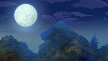 Картинка рисованное природа деревья луна ночь