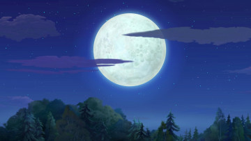 Картинка рисованное природа ночь луна деревья