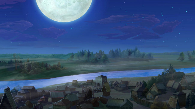 Обои картинки фото рисованное, города, ночь, луна, водоем, деревья