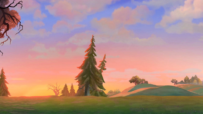 Обои картинки фото рисованное, природа, холм, деревья, облака