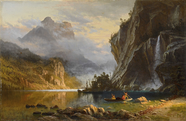 Обои картинки фото рисованное, живопись, пейзаж, природа, albert, bierstadt, арт, indians, spear, fishing, альберт, бирштадт