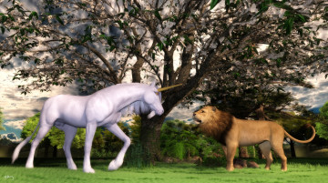 Картинка 3д+графика животные+ animals лев единорог лошадь