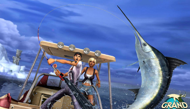 Обои картинки фото видео игры, grand mer, парень, девушка, море, катер, рыба