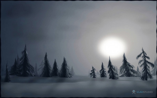 Обои картинки фото рисованное, vladstudio, ёлки, луна, снег