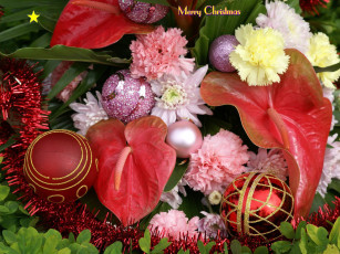 Картинка праздничные мишура гирлянды цветы антуриум шарики гвоздика