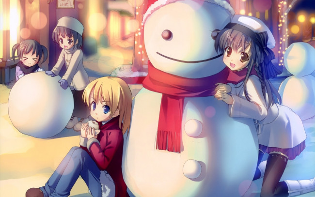 Обои картинки фото аниме, merry, chrismas, winter, девушки, снеговик