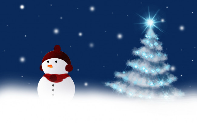 Обои картинки фото праздничные, векторная, графика, новый, год, снеговик, елка