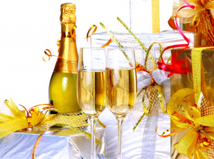 обоя праздничные, угощения, бокалы, шампанское, подарки