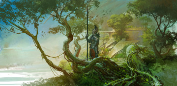 Картинка фэнтези люди деревья воин